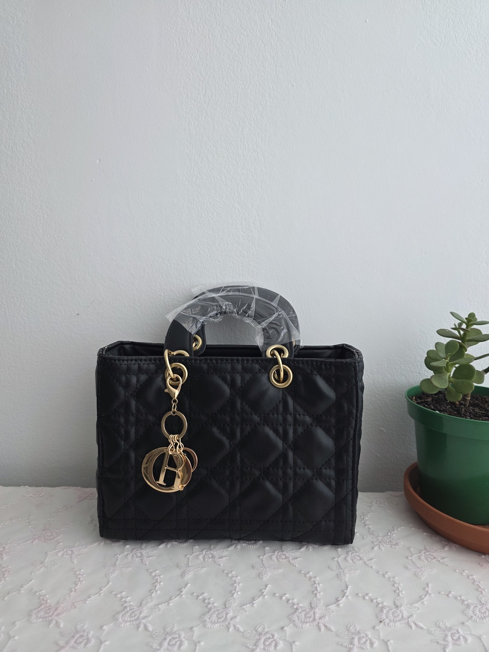 Quilted Black Satchel with Gold Charm Hardware